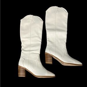Billini White Mid-Calf Western Block Heel Boots with Wood-Look Heel